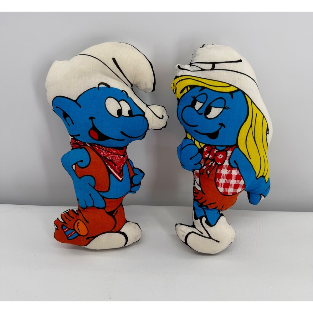 Peyo The Smurfs Plush Pillow Set Blue Western Cowboy Vintage Cut & Sew